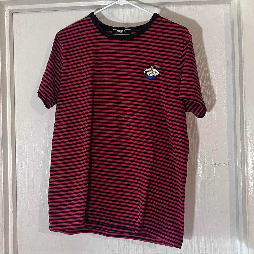 Forever 21 Men's Red and Black Striped Tee Embroidered Ramen Noodle Bowl